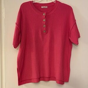 Eqouaer Pink Short Sleeve Knit Button-Up Oversized Relaxed Fit Top, size M
